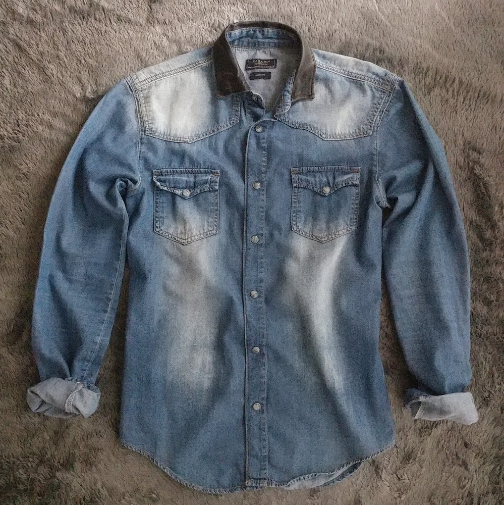 Zara Denim Shirt with Black Leather Collar